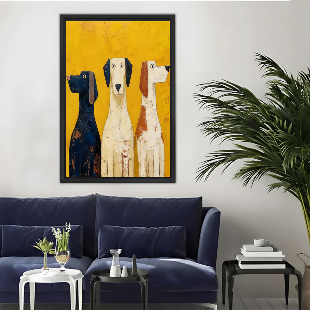 Three Hound Dogs Wall Art – Bold Yellow Framed Canvas Print|Liberty Signs#L1743