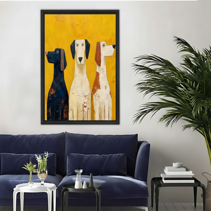 Three Hound Dogs Wall Art – Bold Yellow Framed Canvas Print|Liberty Signs#L1743