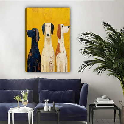 Three Hound Dogs Wall Art – Bold Yellow Framed Canvas Print|Liberty Signs#L1743