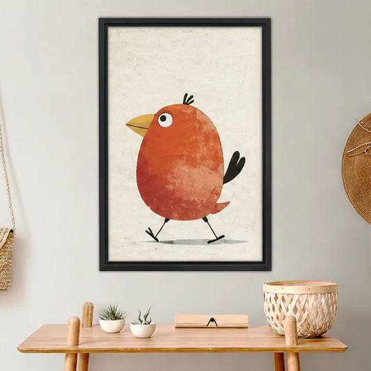 Whimsical Red Bird Art Print – Framed Canvas Wall Decor l1752
