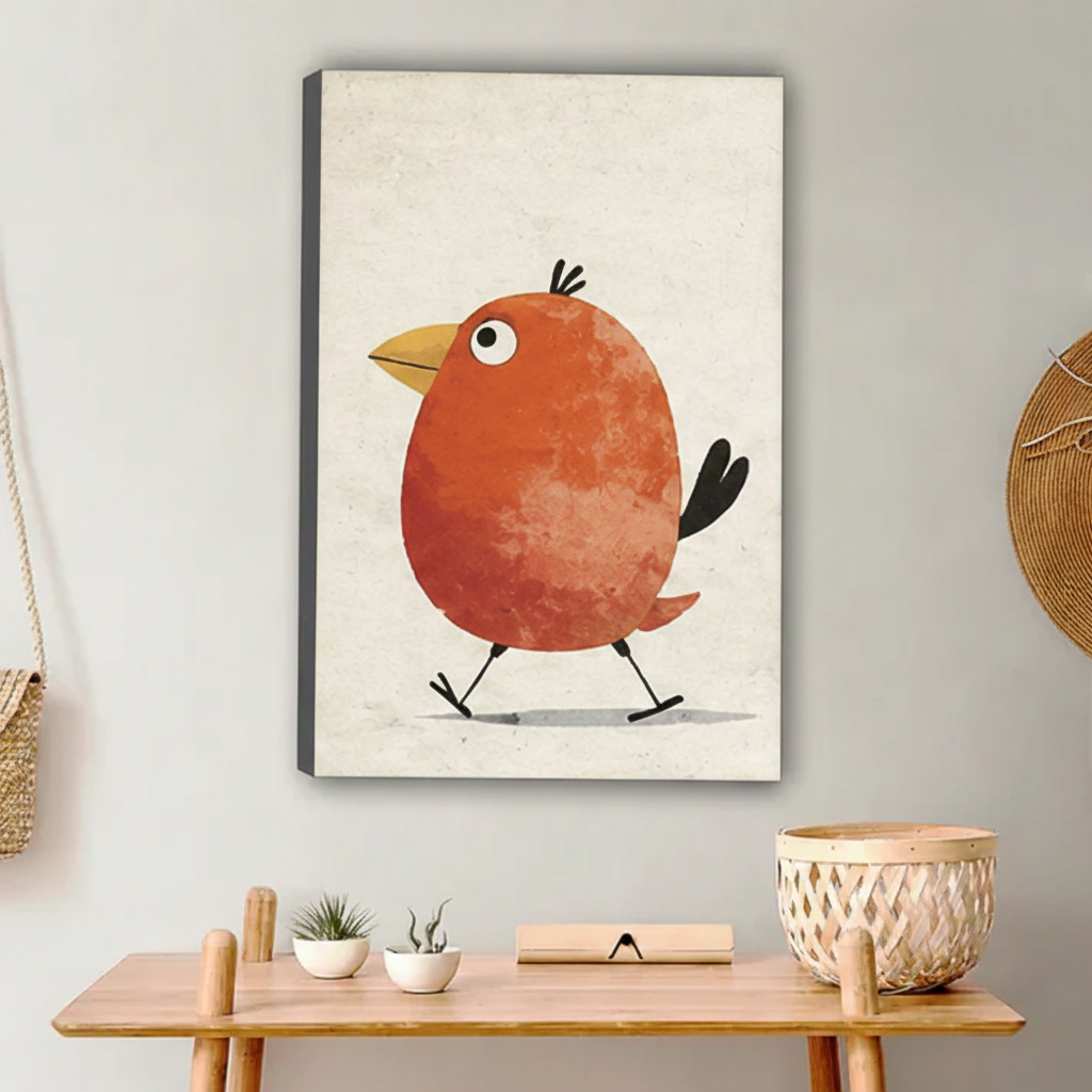 Whimsical Red Bird Art Print – Framed Canvas Wall Decor l1752