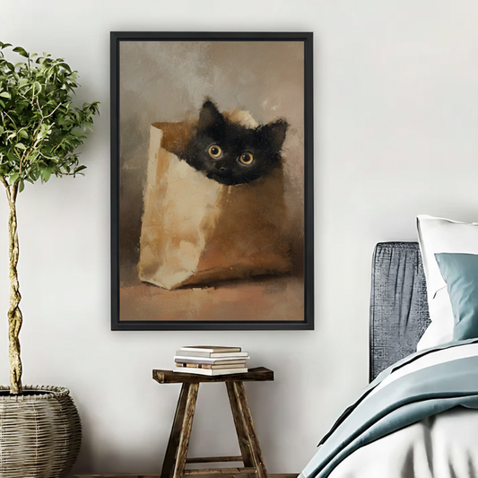 Black Cat in Paper Bag Wall Art – Vintage Framed Canvas|Liberty Signs#L1744