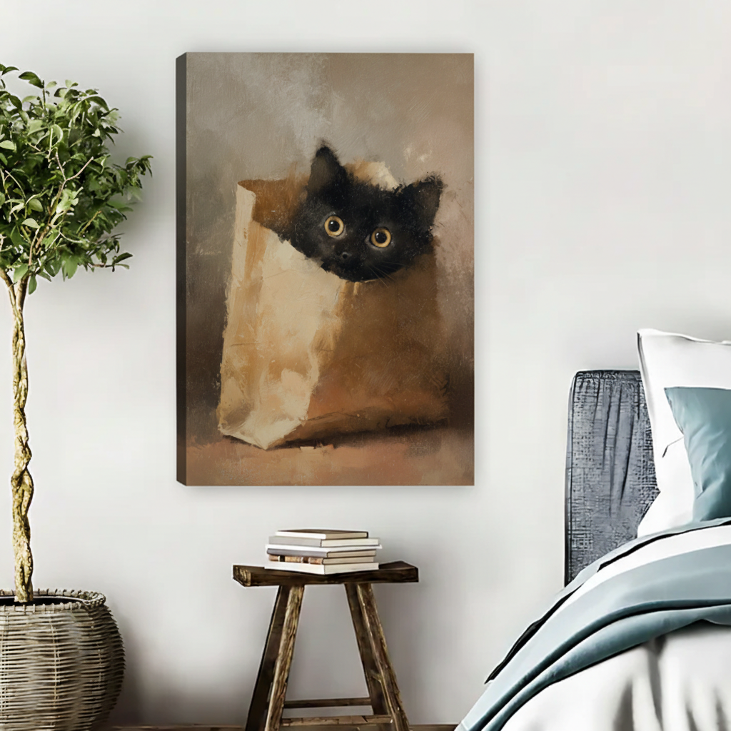 Black Cat in Paper Bag Wall Art – Vintage Framed Canvas|Liberty Signs#L1744