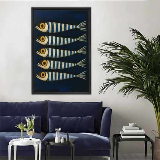 Sardine Fish Wall Art – Navy Blue Coastal Framed Canvas|Liberty Signs#L1745