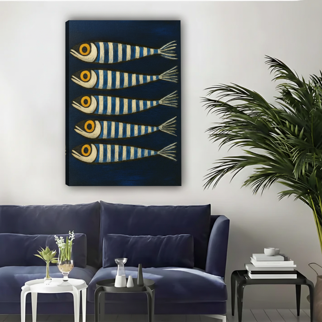 Sardine Fish Wall Art – Navy Blue Coastal Framed Canvas|Liberty Signs#L1745