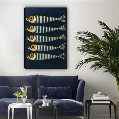 Sardine Fish Wall Art – Navy Blue Coastal Framed Canvas|Liberty Signs#L1745