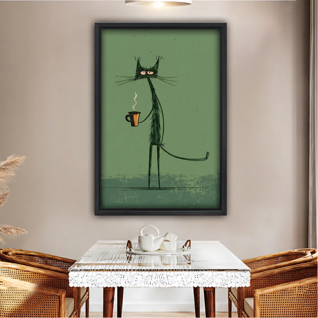Cat with Coffee City Wall Art – Green Framed Canvas Print|Liberty Signs#L1747