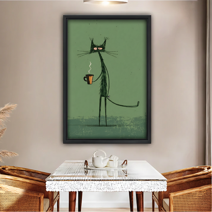 Cat with Coffee City Wall Art – Green Framed Canvas Print|Liberty Signs#L1747