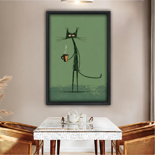 Cat with Coffee City Wall Art – Green Framed Canvas Print|Liberty Signs#L1747