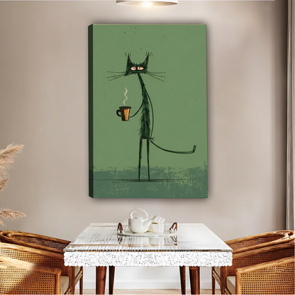 Cat with Coffee City Wall Art – Green Framed Canvas Print|Liberty Signs#L1747