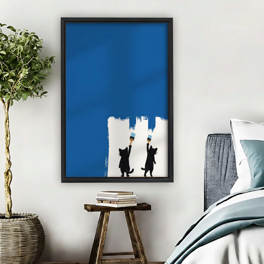 Cats Painting Blue Wall Art – Funny Framed Canvas Print|Liberty Signs#L1756