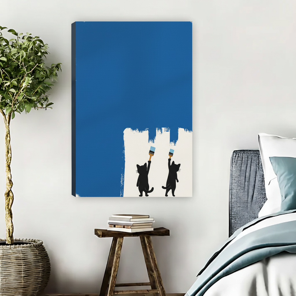 Cats Painting Blue Wall Art – Funny Framed Canvas Print|Liberty Signs#L1756