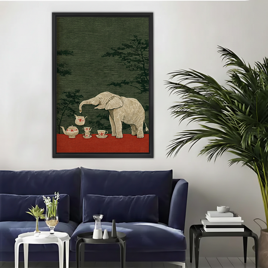 Elephant Tea Party Wall Art – Japanese Woodblock Framed Canvas|Liberty Signs#L1759