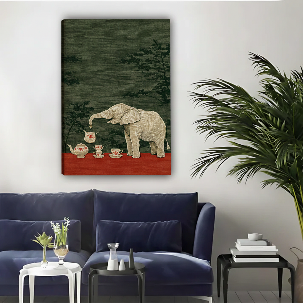 Elephant Tea Party Wall Art – Japanese Woodblock Framed Canvas|Liberty Signs#L1759