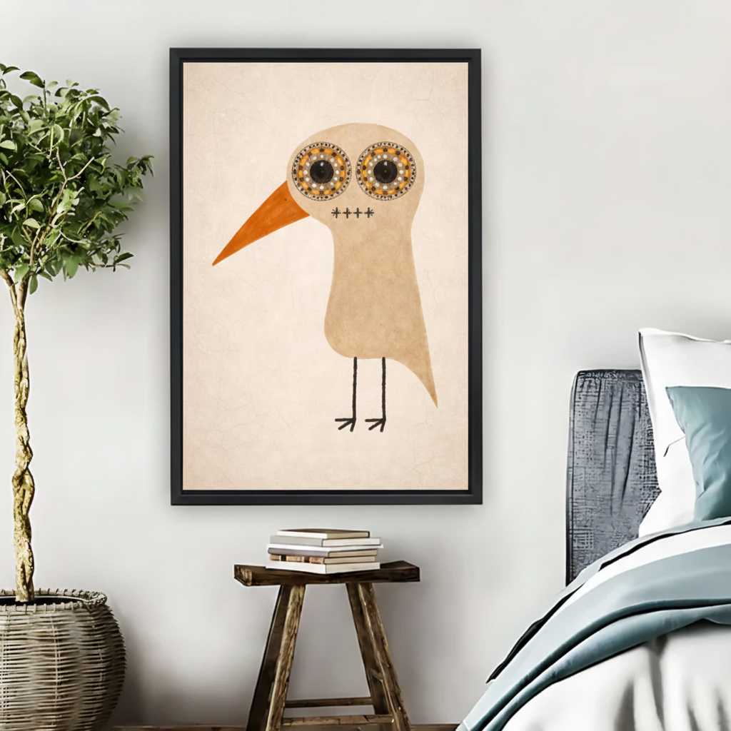 Boho Big Eye Bird Wall Art – Folk Art Framed Canvas Print|Liberty Signs#L1764