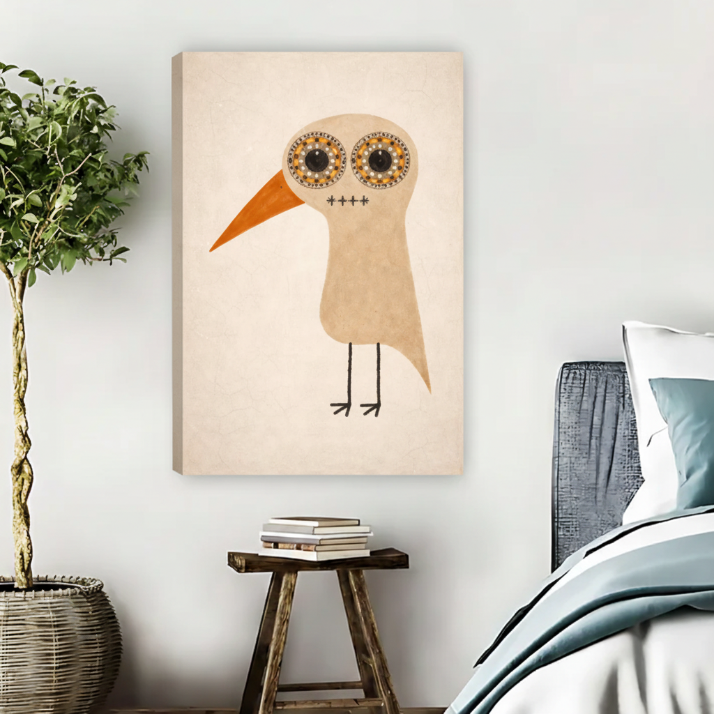 Boho Big Eye Bird Wall Art – Folk Art Framed Canvas Print|Liberty Signs#L1764