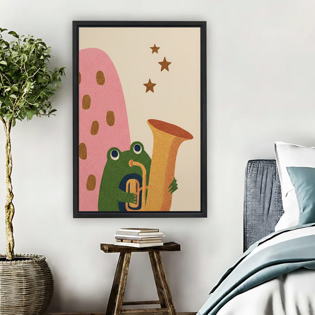 Frog Playing Tuba Wall Art – Retro Framed Canvas Print|Liberty Signs#L1765