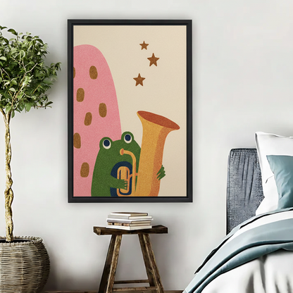 Frog Playing Tuba Wall Art – Retro Framed Canvas Print|Liberty Signs#L1765