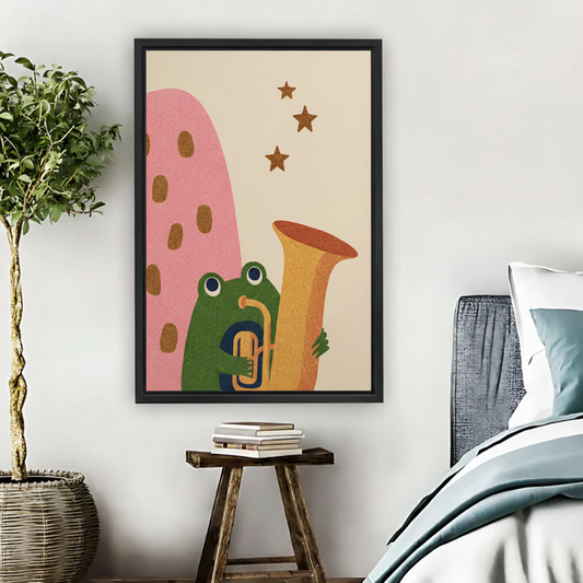 Frog Playing Tuba Wall Art – Retro Framed Canvas Print|Liberty Signs#L1765
