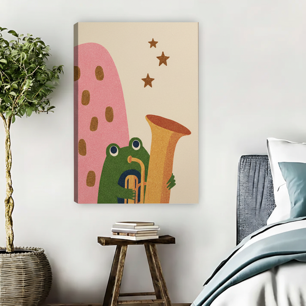 Frog Playing Tuba Wall Art – Retro Framed Canvas Print|Liberty Signs#L1765