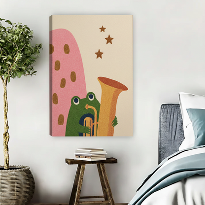 Frog Playing Tuba Wall Art – Retro Framed Canvas Print|Liberty Signs#L1765