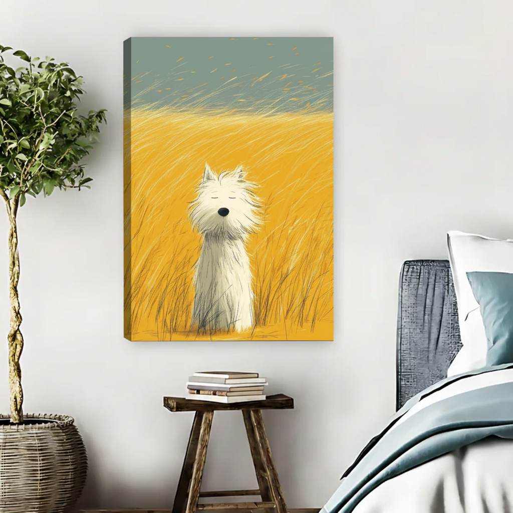 White Westie Dog in Golden Field – Framed Canvas Print|Liberty Signs#L1775