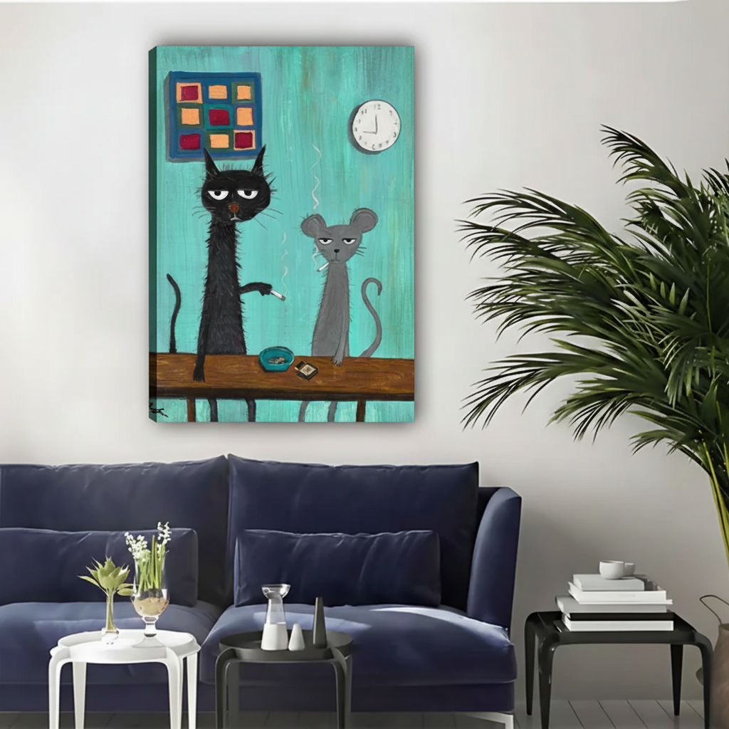 Cat and Mouse Smoking Wall Art – Quirky Framed Canvas Print|Liberty Signs#L1776