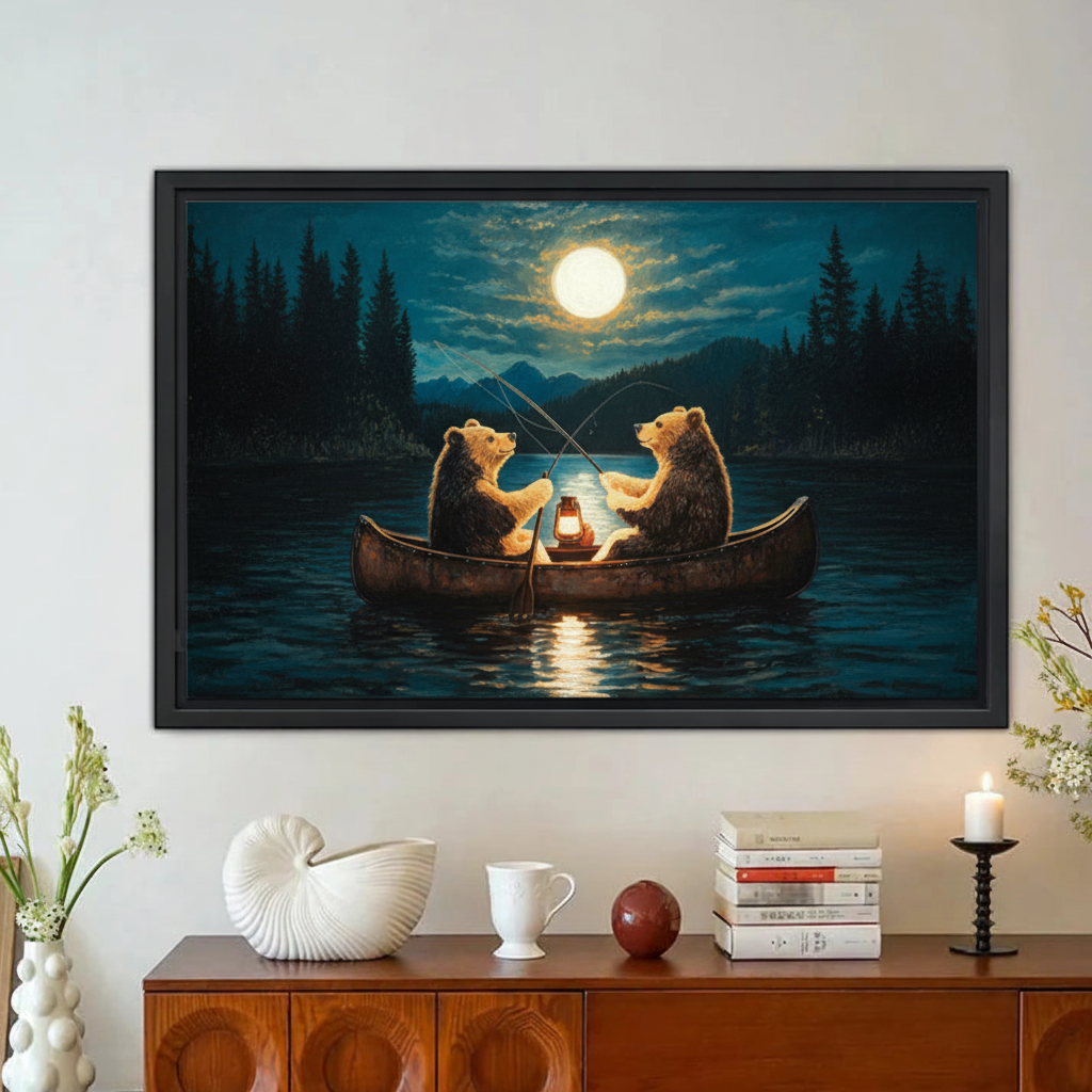 Bears Fishing by Moonlight Wall Art – Framed Canvas Print|Liberty Signs#L1777