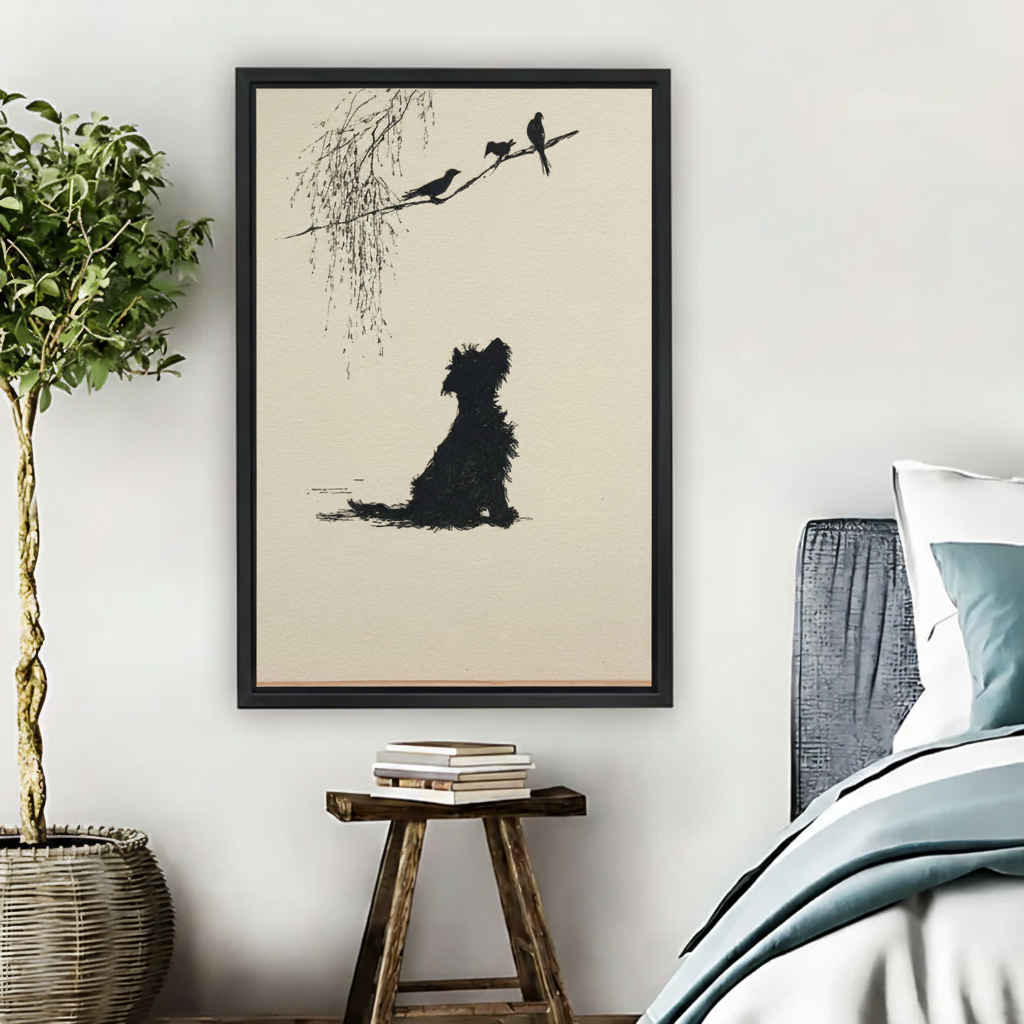 Dog Watching Birds on Branch – Minimalist Framed Canvas Print|Liberty Signs#L1779