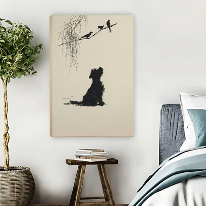 Dog Watching Birds on Branch – Minimalist Framed Canvas Print|Liberty Signs#L1779
