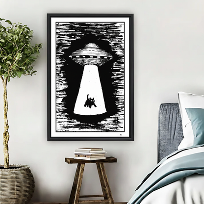 Black White UFO Cat Abduction Wall Art – Framed Canvas|Liberty Signs#L1780