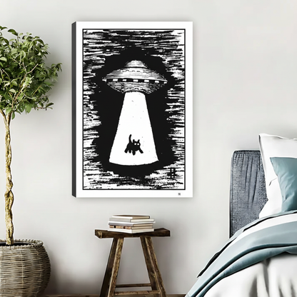 Black White UFO Cat Abduction Wall Art – Framed Canvas|Liberty Signs#L1780