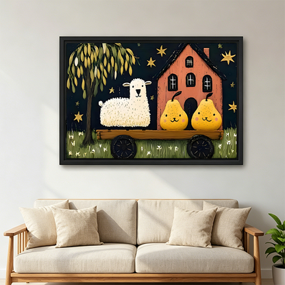 Folk Art Sheep and Pears Wagon Canvas Wall Art | Framed & Unframed l4531