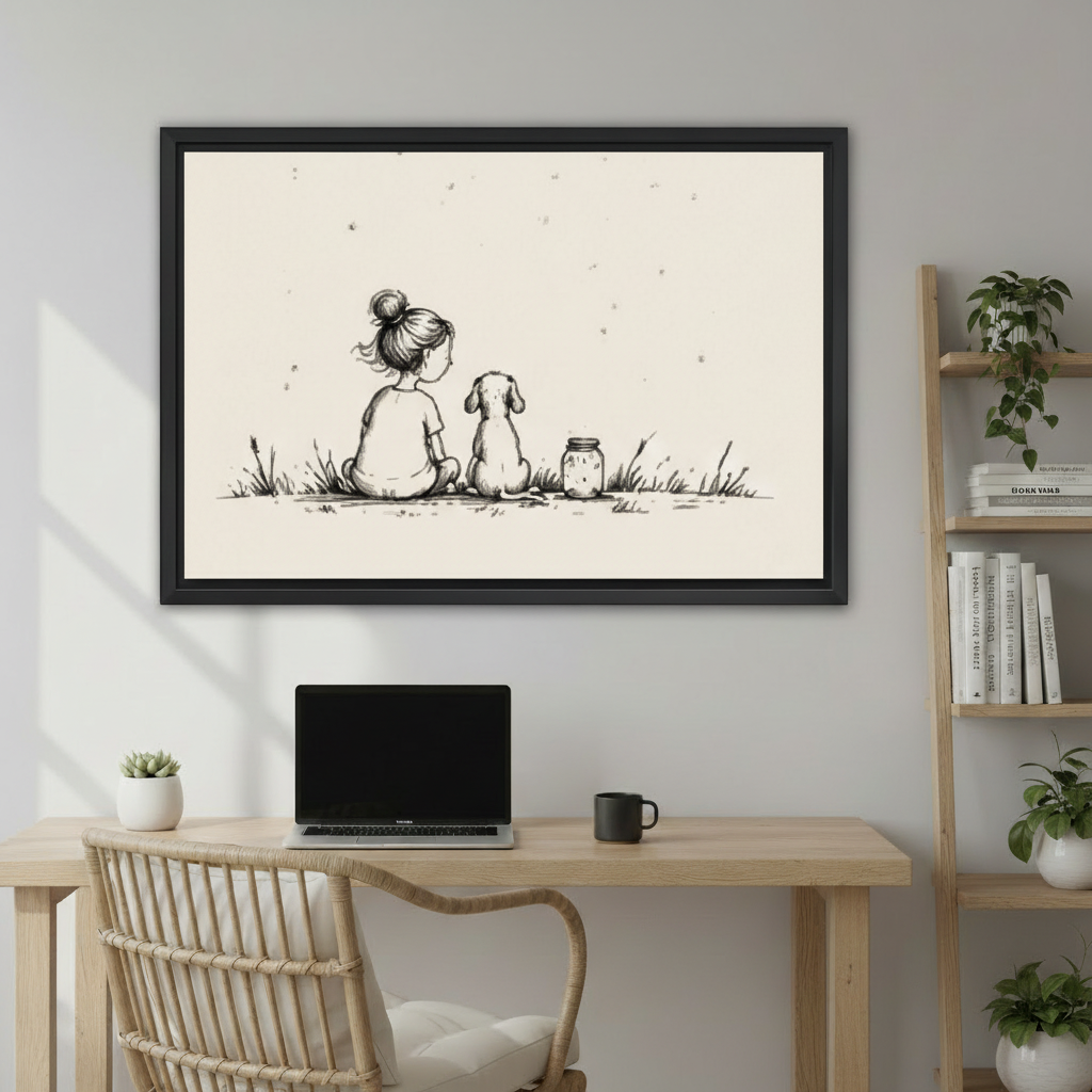 Charming girl and dog firefly jar grass minimalist sketch wall art print in black frame above oak desk with laptop succulent and book shelf in minimalist home office