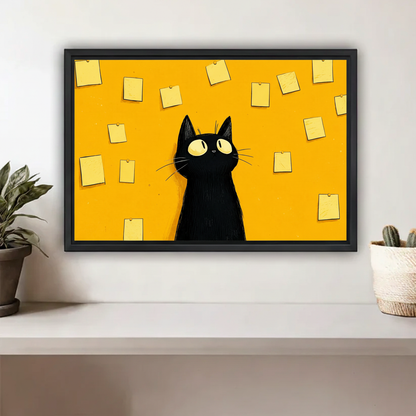 Funny black cat sticky notes framed canvas print on white shelf wall 