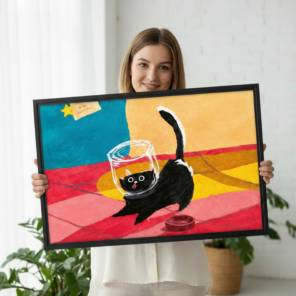 Black cat stuck in fishbowl illustration canvas print, humorous pet wall art