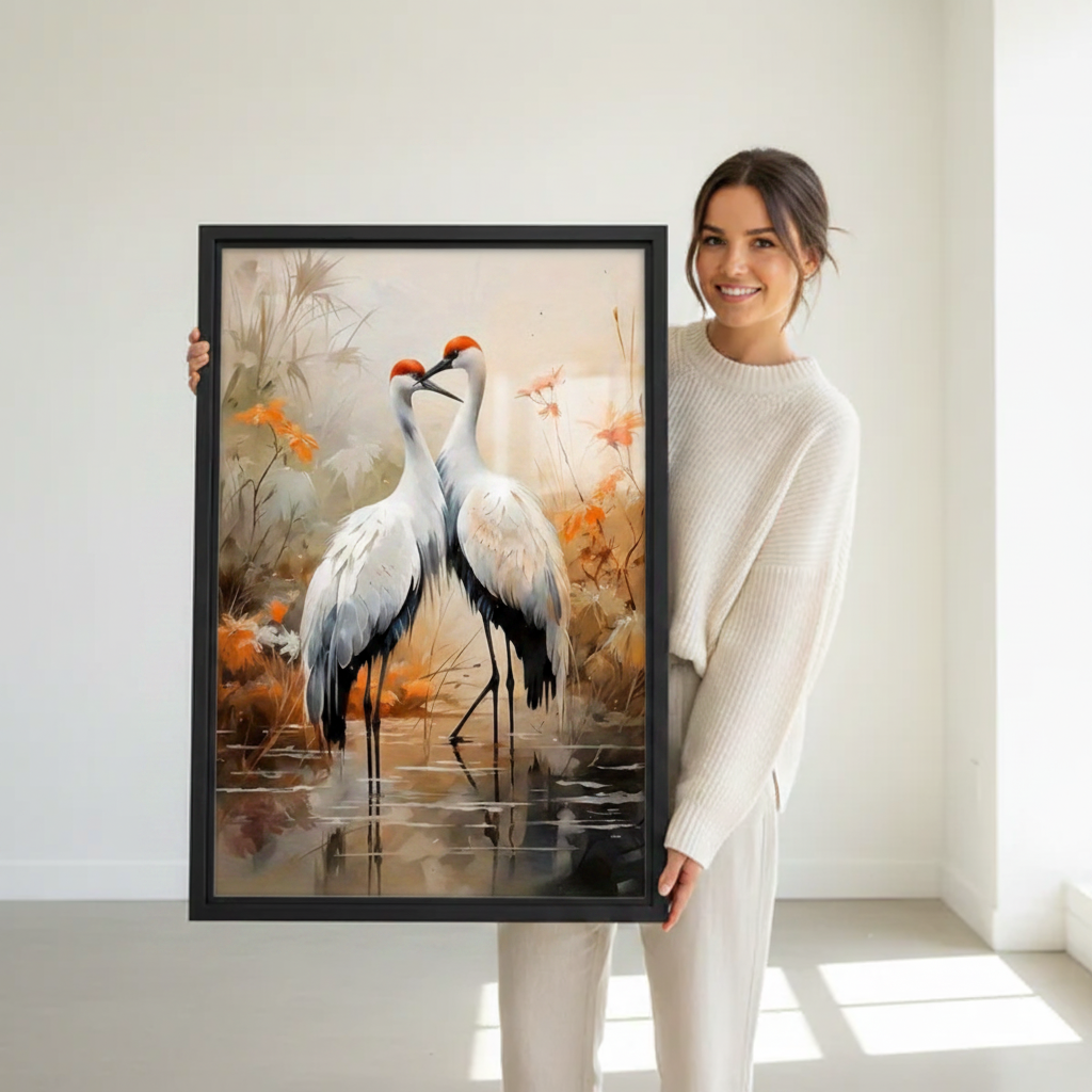 Japanese Crane Pair Watercolor Canvas Wall Art - Oriental Crane Framed Art for Modern Home