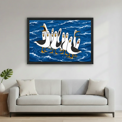 Cartoon seagull group canvas print displayed in living room — funny ocean wall decor