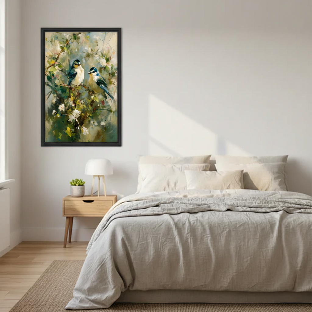 Blue tit birds framed wall art print, two birds perched on white flowering branches, impressionist oil style, black frame, entryway decor