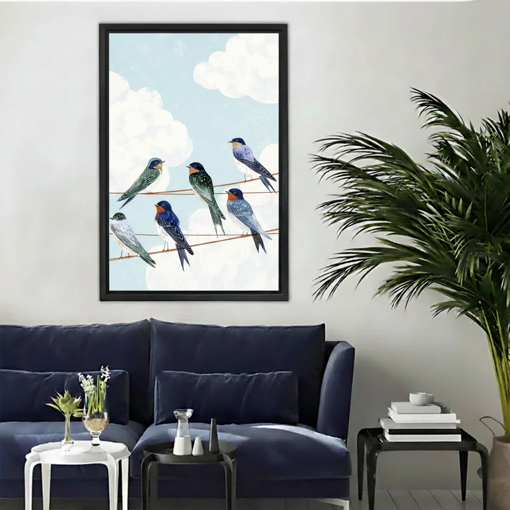 Colorful swallows on wire framed canvas wall art print above navy blue sofa in modern living room