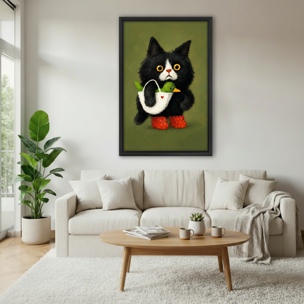 Playful tuxedo cat with duck in black frame displayed above bedroom headboard