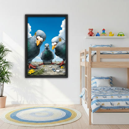 Funny pigeon trio canvas wall art, living room sofa wall, quirky bird illustration home decor