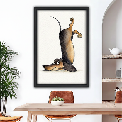 Funny dachshund yoga pose watercolor canvas wall art — black and tan wiener dog stretching with nose down and tail up, black frame, dining room decor