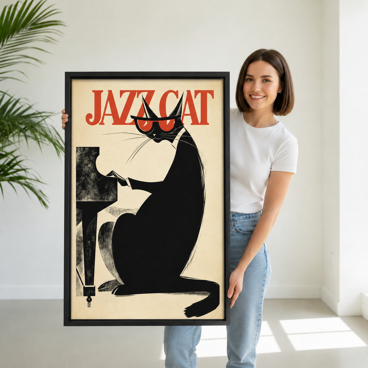 Woman holding vintage Jazz Cat framed print, black frame, retro piano cat wall art, home decor gift