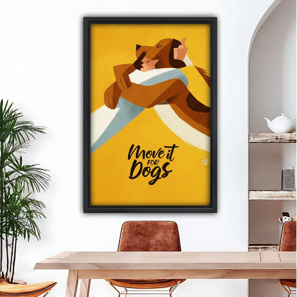 Move It For Dogs retro poster framed canvas wall art held by woman, bold yellow dog hug illustration with handwritten text, vibrant dog lover gift