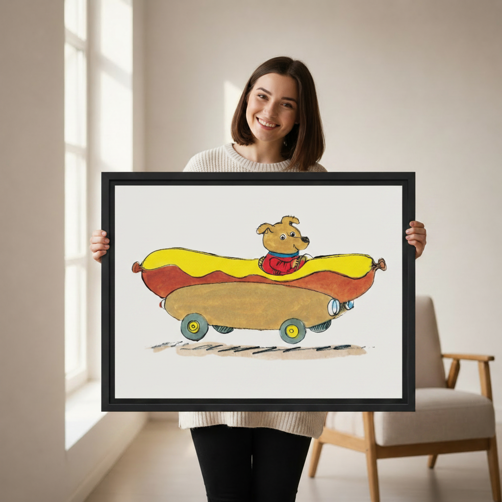 Dog driving a hot dog car funny wall art — framed canvas print shown in a cozy bedroom setting