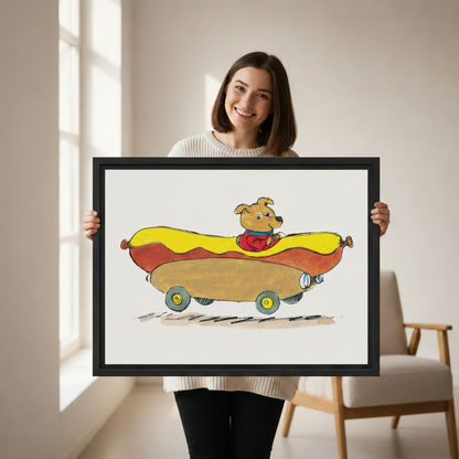 Dog driving a hot dog car funny wall art — framed canvas print shown in a cozy bedroom setting
