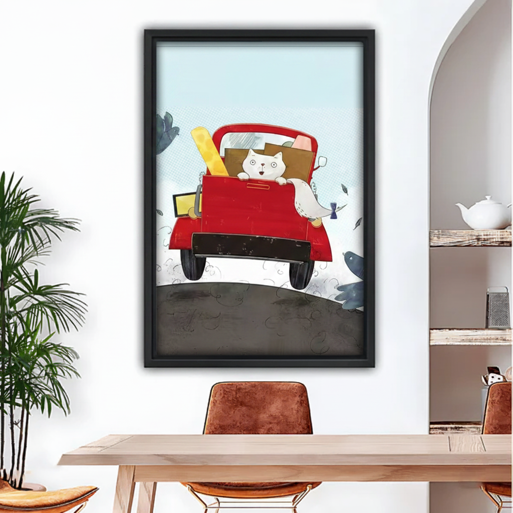 Cute white cat on red moving truck whimsical canvas wall art — wide-eyed cat peeking over tailgate with boxes, black frame, dining room wall decor