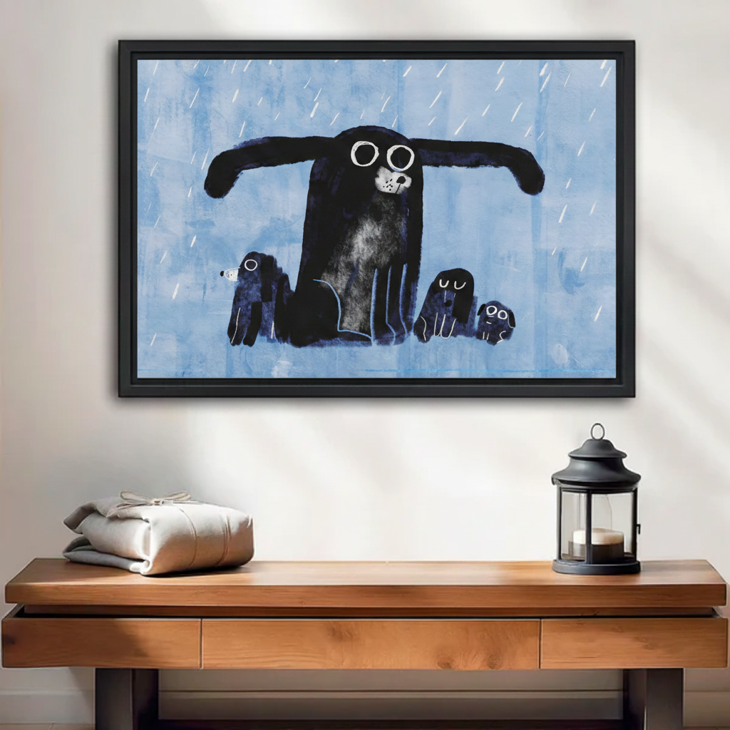 Dog sheltering puppies in rain heartwarming canvas wall art in black floater frame — emotional pet print for living room
