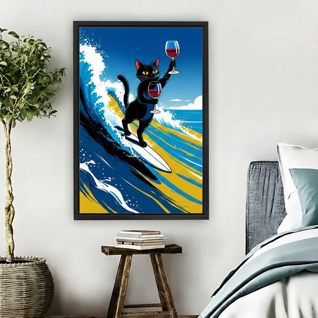 Surfing Cat Wine Funny Animal Wall Art Print l1978